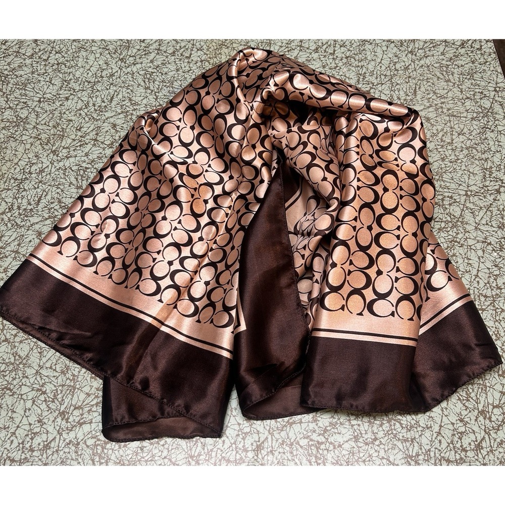 VTG Coach Signature C Logo Silk Scarf 39"X39" Brown Tan Black